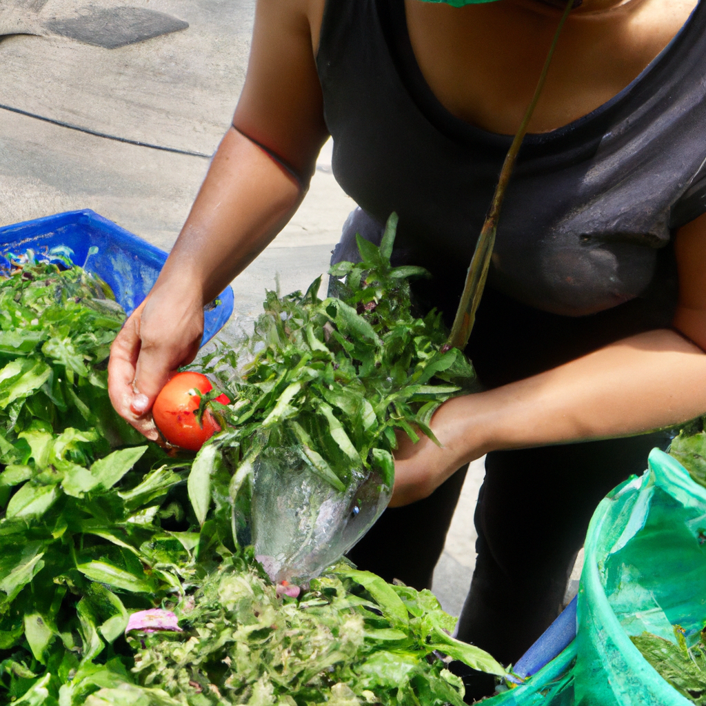소싱 리드: 김하늘, 산지 직거래 시장에서 바질과 토마토를 고르는 모습
